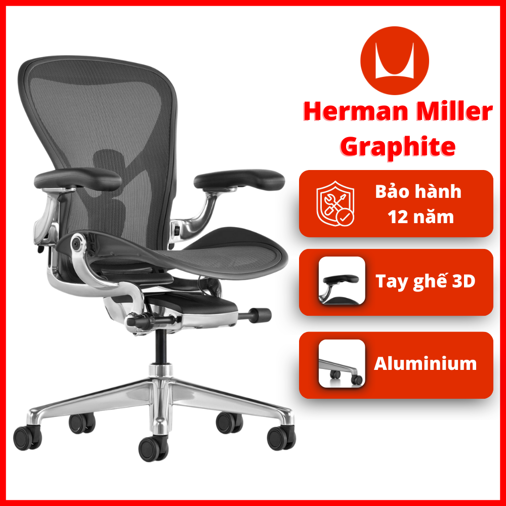 Herman Miller Aeron Chân Nhôm, Khung Nhôm, Màu Graphite (Xám Chì)